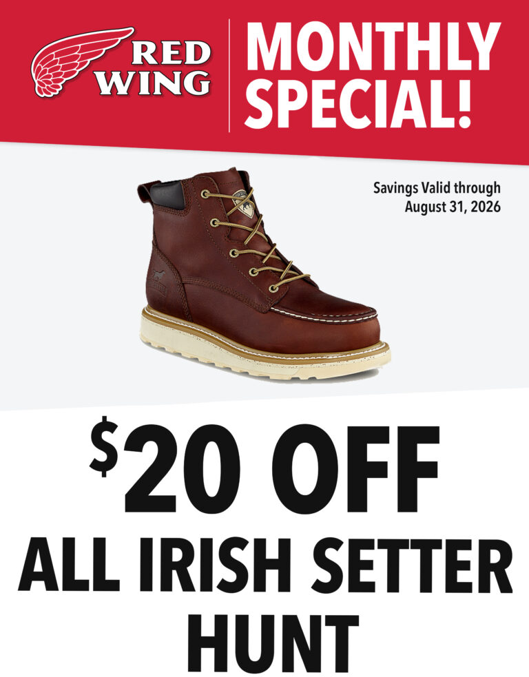 August 2026 special - $20 off all irish setter hunting footwear